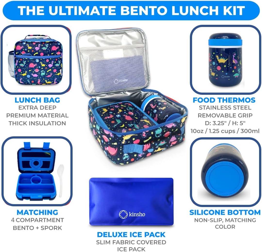 Bento Box with Stainless Steel Thermo, Insulated Lunch Bag, Ice Pack Set for Kids - 5 Compartments, Lunches or Snack Container for Girls, Toddlers Daycare Pre-School, Kindergarten Purple Unicorn