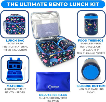 Bento Box with Stainless Steel Thermo, Insulated Lunch Bag, Ice Pack Set for Kids - 5 Compartments, Lunches or Snack Container for Girls, Toddlers Daycare Pre-School, Kindergarten Purple Unicorn