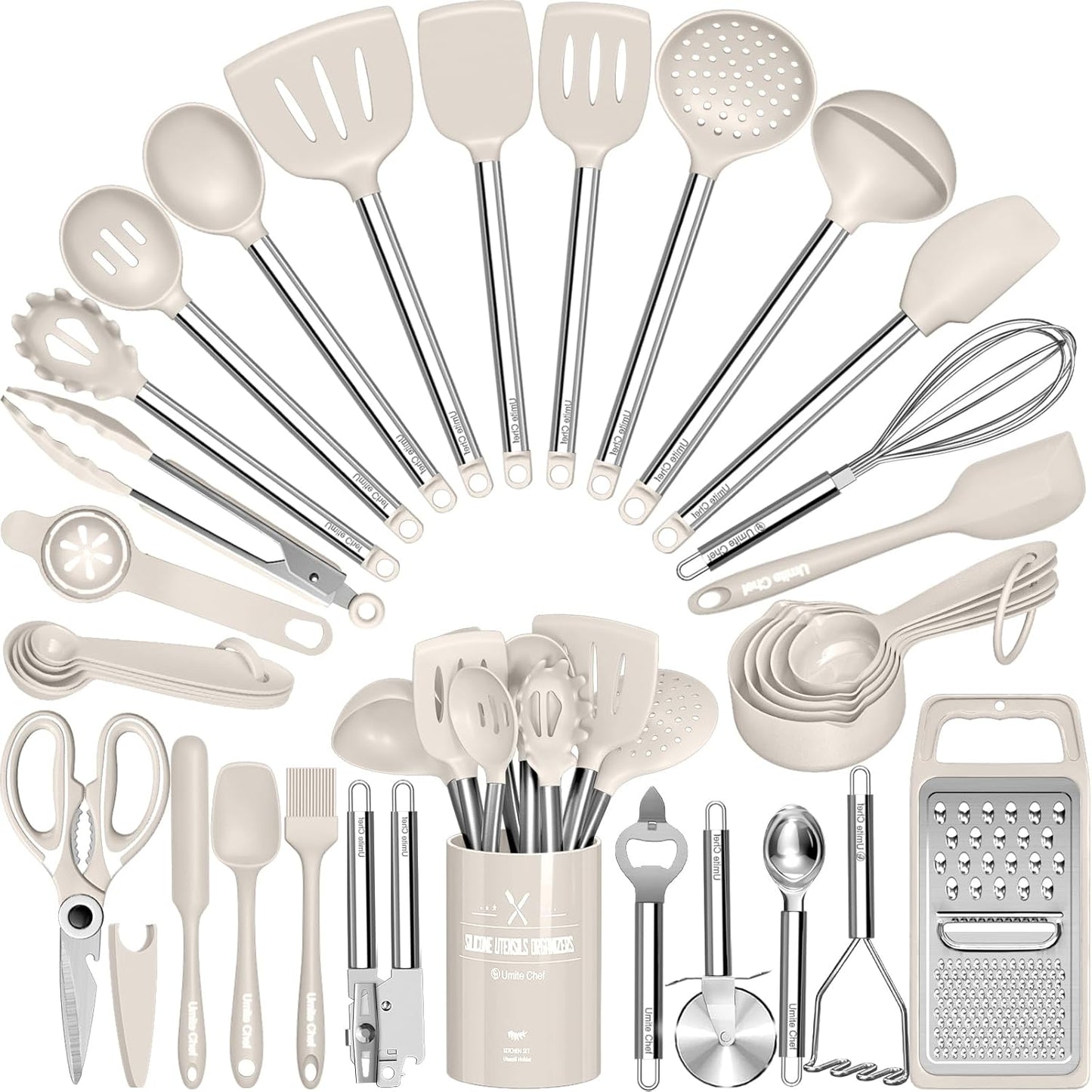 Kitchen Utensils Set- Umite Chef 34 PCs Cooking Utensils with Grater, Spoon Spatula, Heat Resistant Food Grade Silicone, Stainless Steel Handles Kitchen Gadgets Tools Set for Nonstick Cookware(Red)