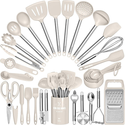 Kitchen Utensils Set- Umite Chef 34 PCs Cooking Utensils with Grater, Spoon Spatula, Heat Resistant Food Grade Silicone, Stainless Steel Handles Kitchen Gadgets Tools Set for Nonstick Cookware(Red)