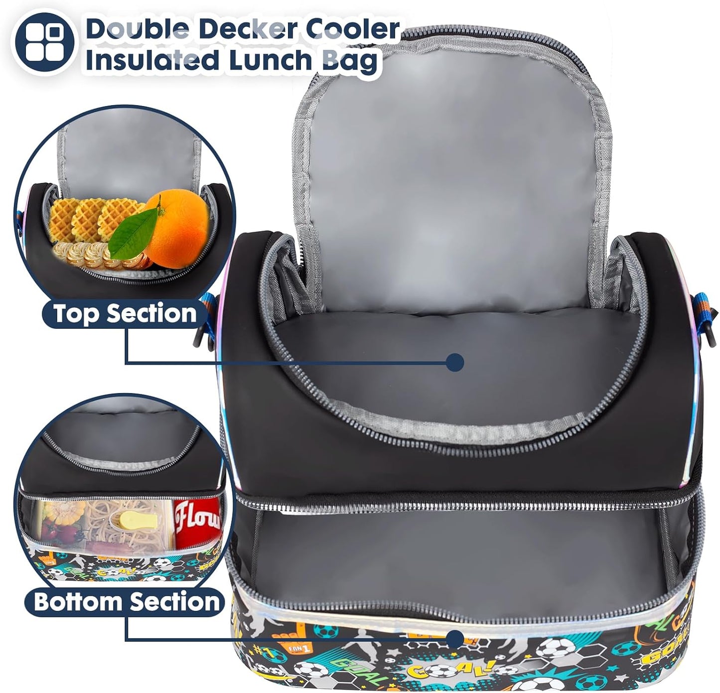 Kids Double Decker Cooler Insulated Lunch Bag, Back to School Large Meal Tote for Boys, Girls, Men, Women, with Adjustable Strap, Soccer