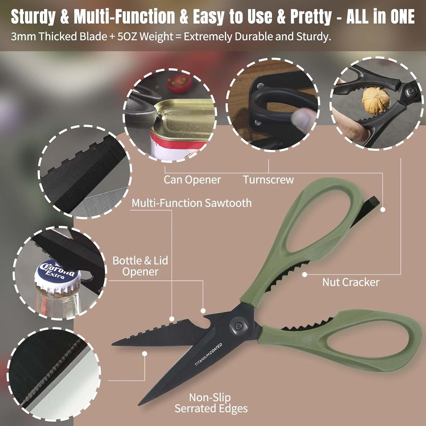 Kitchen Scissors All Purpose, Extra Sharp Kitchen Shears with Knife Sharpener & Sheath, Solid & Durable Stainless Steel Scissors with ANTI-RUST Black Titanium Plated, Dishwasher Safe - Black