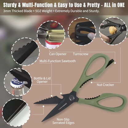 Kitchen Scissors All Purpose, Extra Sharp Kitchen Shears with Knife Sharpener & Sheath, Solid & Durable Stainless Steel Scissors with ANTI-RUST Black Titanium Plated, Dishwasher Safe - Black