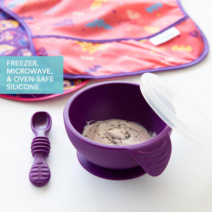 Bumkins Baby Bowl, Silicone Feeding Set with Suction for Baby and Toddler, Includes Spoon and Lid, First Feeding Set, Training Essentials for Baby Led Weaning for Babies 4 Months Up, Sage
