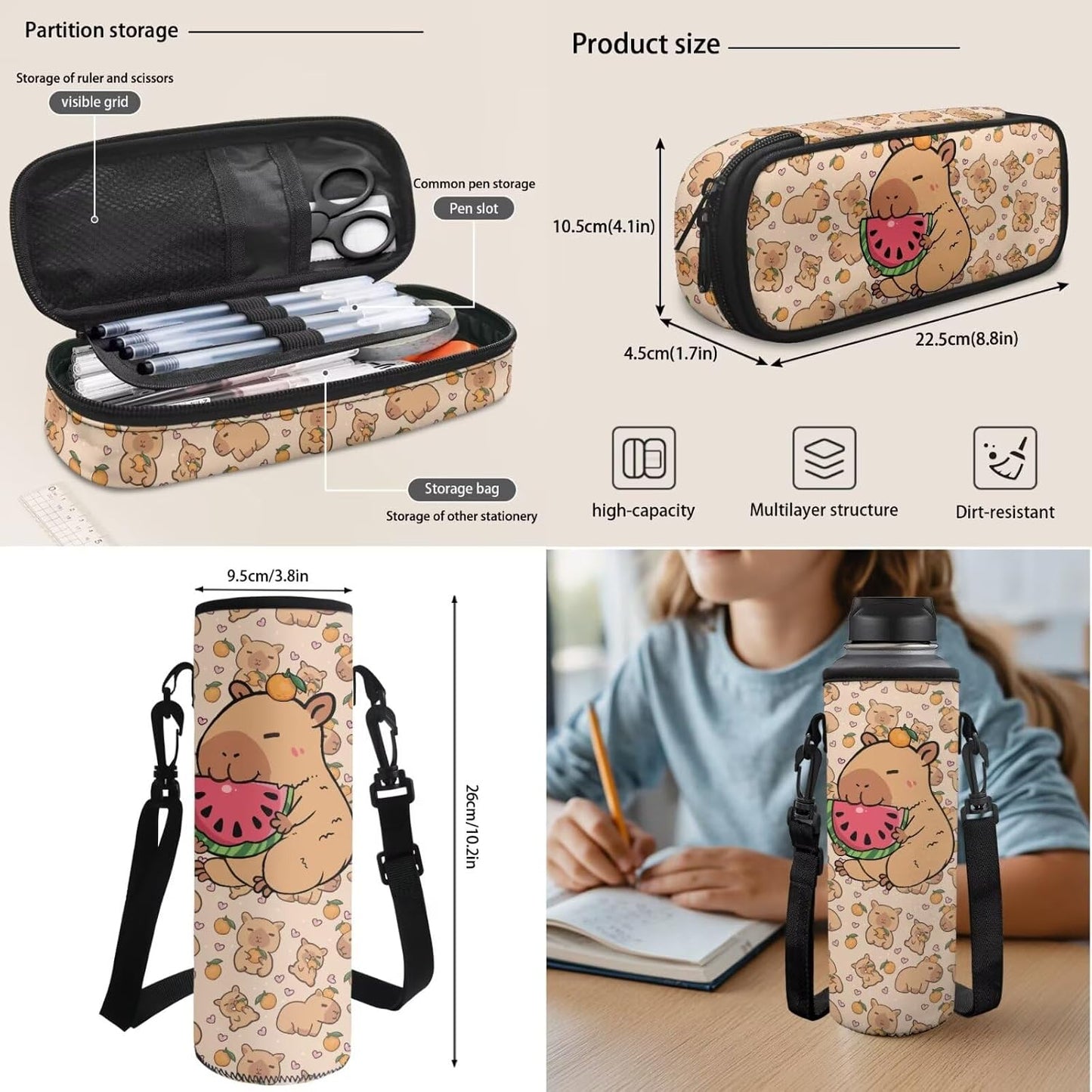 Highland Cow Backpack with Lunch Box Set for Kids Sunflower School Backpack for Girls Boys Back to School Bag Student Travel Backpacks Reusable Utensils Pen Case Water Bottle Bag 5PCS