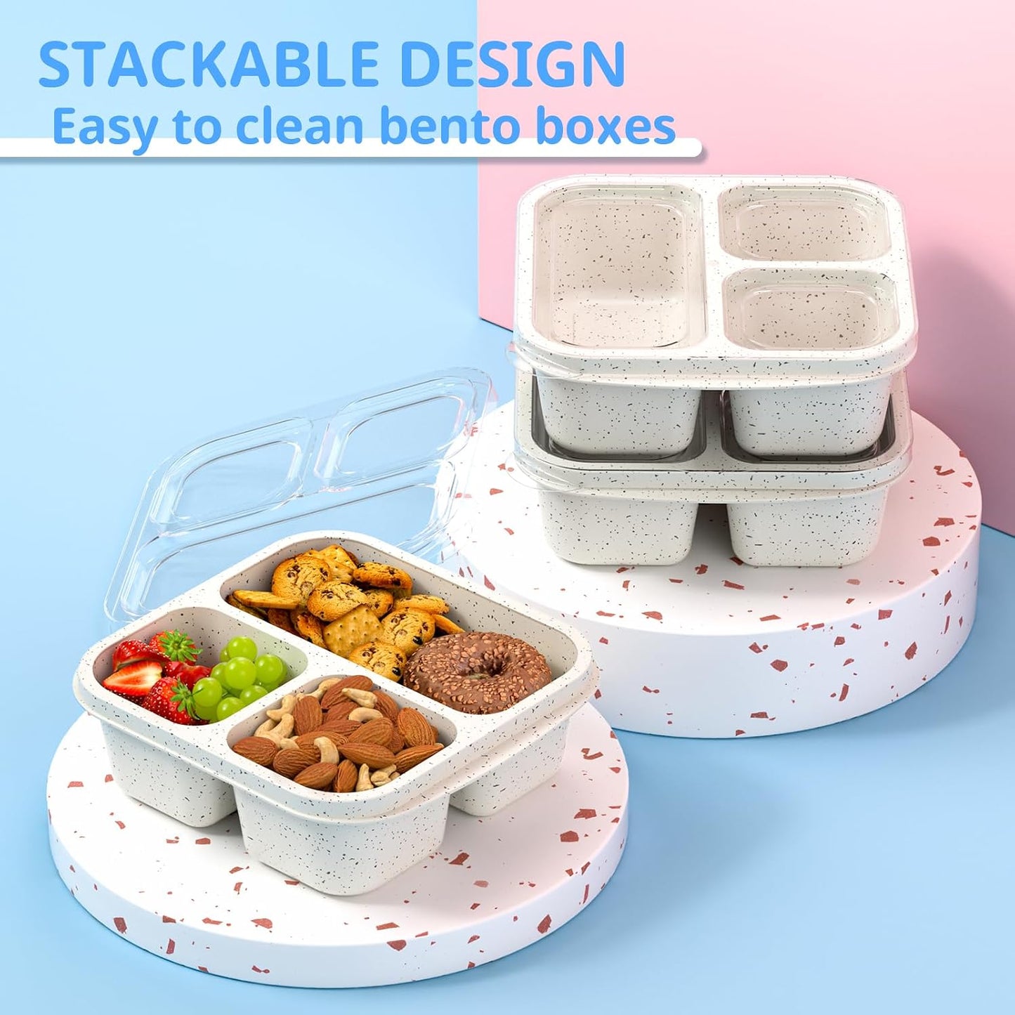 Snack Boxes (3 Pack) - Stackable Bento Boxes with 3 Compartments, Meal Prep Containers Reusable, Lightweight Lunch Containers for Kids and Adults, BPA Free (Blue)