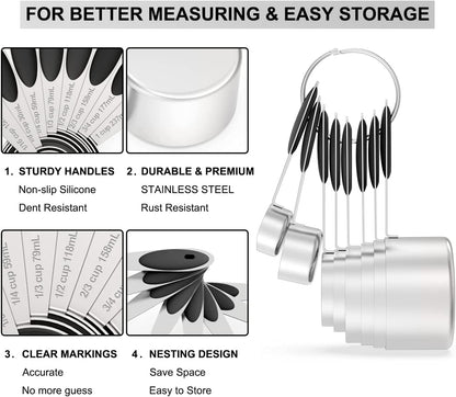 Wildone Stainless Measuring Cups and Spoons Set with Silicone Handle, 16pcs | 8 Measuring Cups and 8 Measuring Spoons, Nesting Design, Heavy Duty for Measuring Dry/Liquid Ingredients, Multicolor