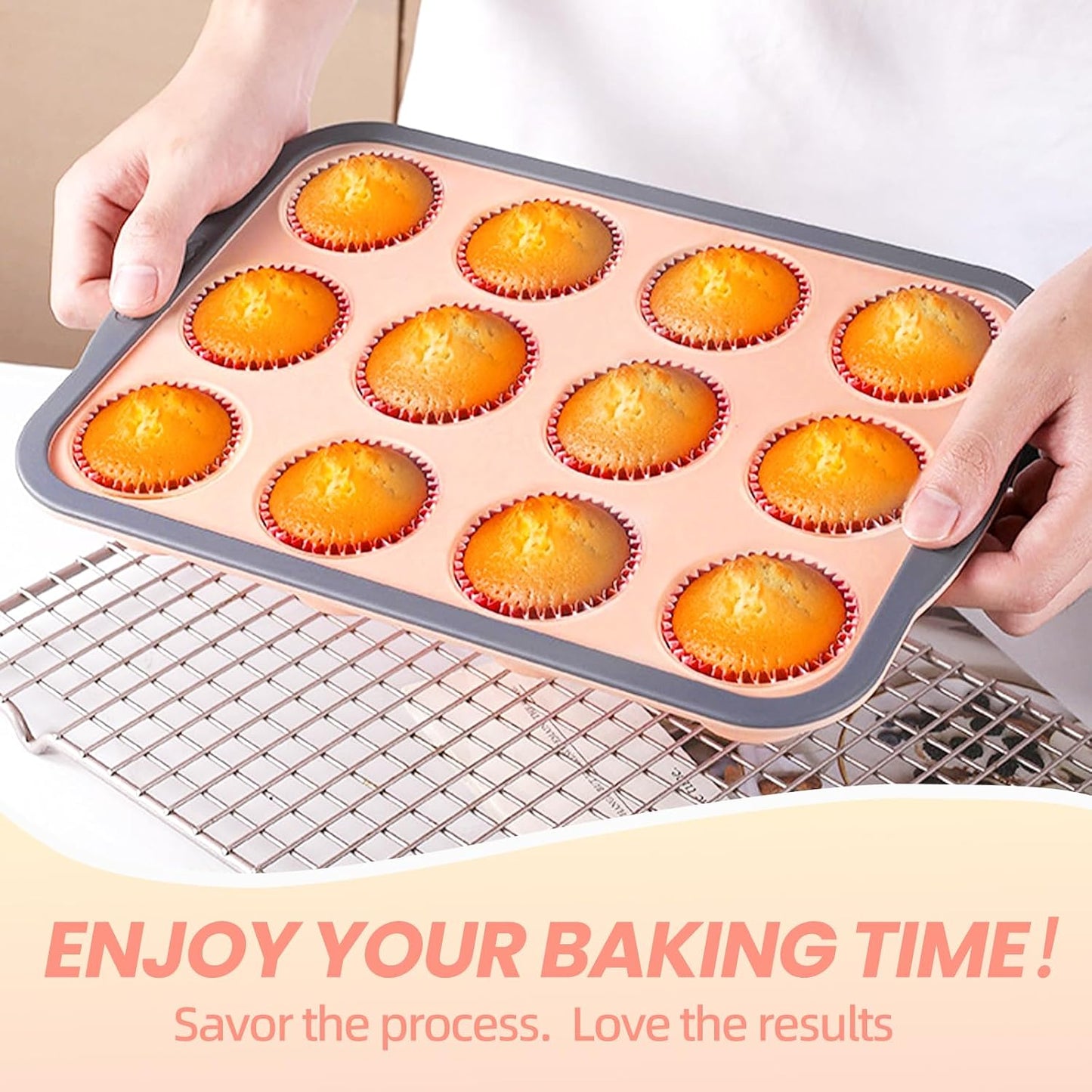 Silicone Muffin Pan, 12 Cups Non-Stick Cupcake Pan, Food-Grade BPA-Free Muffin Tin, Oven-Safe 450 °F, Reinforced Steel Frame, Easy-Grab Handles, Quick-Release 2.3" Baking Molds for Mini Treats