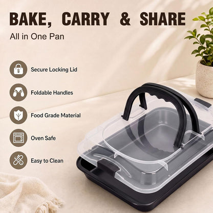 Qinyoung 1 Pcs Cake Baking Pan with Lid and Handle, 9 x 13 Inch Non-stick Rectangle Sheet Cake Pan Carrier for Brownie Roasting Cooking Baking (Black)