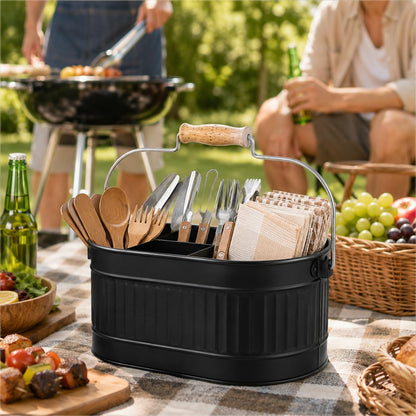 Alpha Living Home Galvanized Metal Utensil Caddy - Rustic Farmhouse Organizer Metal Garden Caddy with 4 Compartments and Wooden Handle for Kitchen, Buffet & Outdoor Events (Silver)