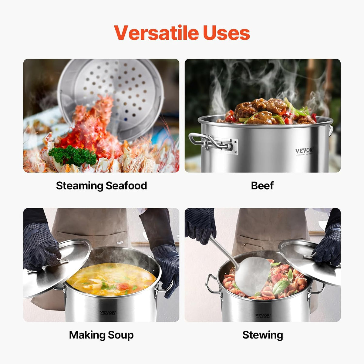 VEVOR Stainless Steel Stockpot, 42 Quart Large Cooking Pots, Cookware Sauce Pot with Strainer, Lid, and Handle, Heavy Duty Commercial Grade Stock Pot, Sanding Treatment, for Large Groups Events Silver