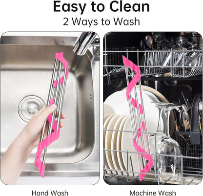 Tomorotec Foldable Stainless Steel Triangle Roll-Up Dish Drying Rack for Small Sink Corners - Over-The-Sink Multipurpose Kitchen Drainer, Rustproof Organizer, Trivet and Shelf - Space-Saving (Black)
