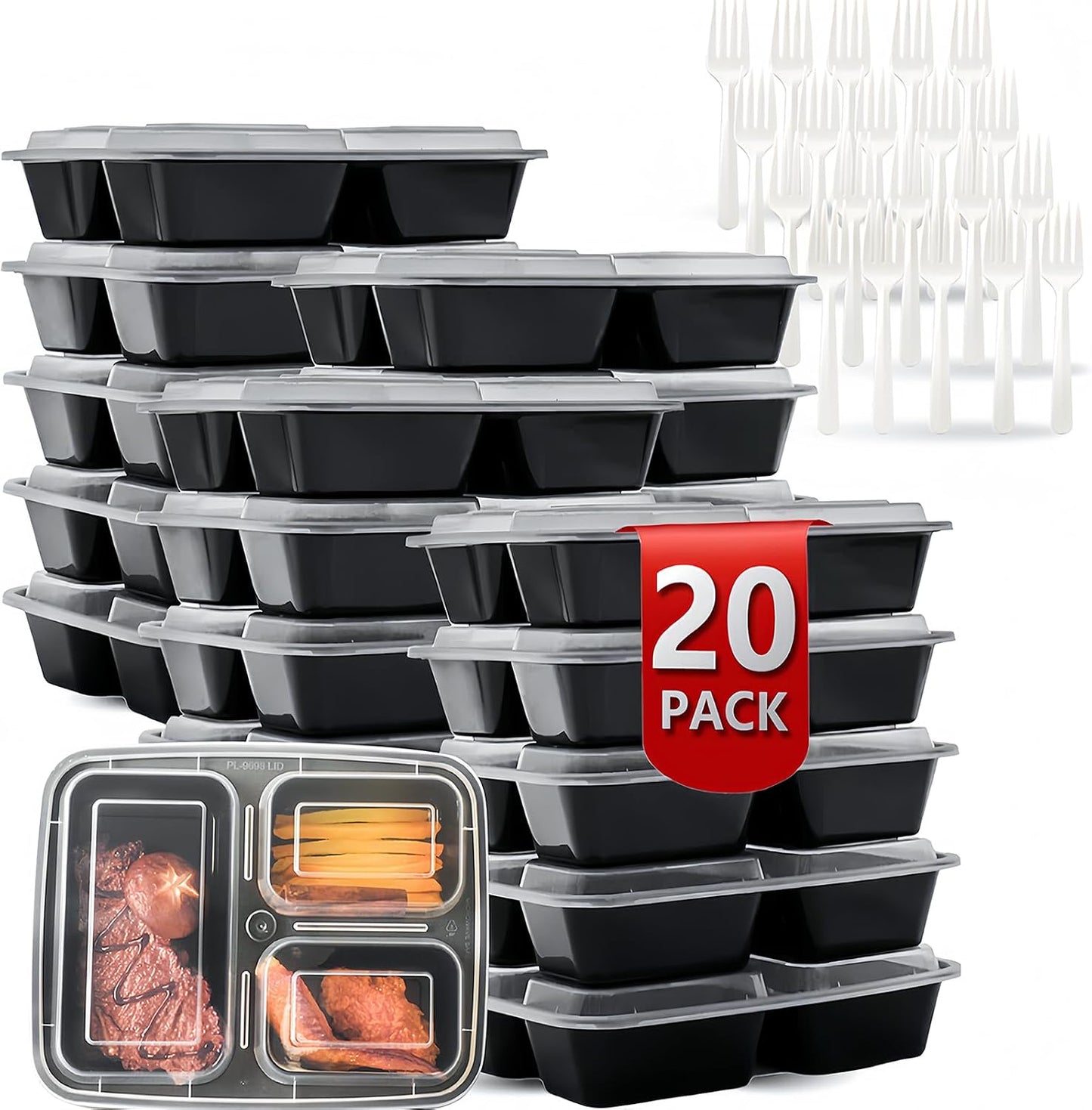 Meal Prep Containers 2 Compartment 15 Pack, 28 oz Divided Reusable Food Storage Containers with Lids Takeout Food Storage Containers Black, Microwave Dishwasher Freezer Safe, Stackable, BPA Free