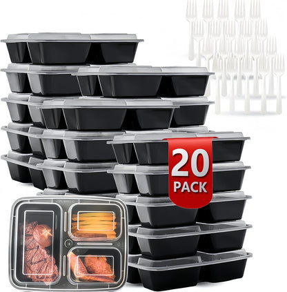 Meal Prep Containers 2 Compartment 15 Pack, 28 oz Divided Reusable Food Storage Containers with Lids Takeout Food Storage Containers Black, Microwave Dishwasher Freezer Safe, Stackable, BPA Free
