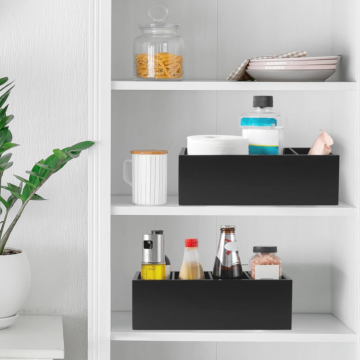 DRASTAR Pantry Organization and Storage Bins, Large Snack Organizer with Removable Dividers, Wooden Storage Caddy for Kitchen, Pantry, Cabinet, Countertop, Black