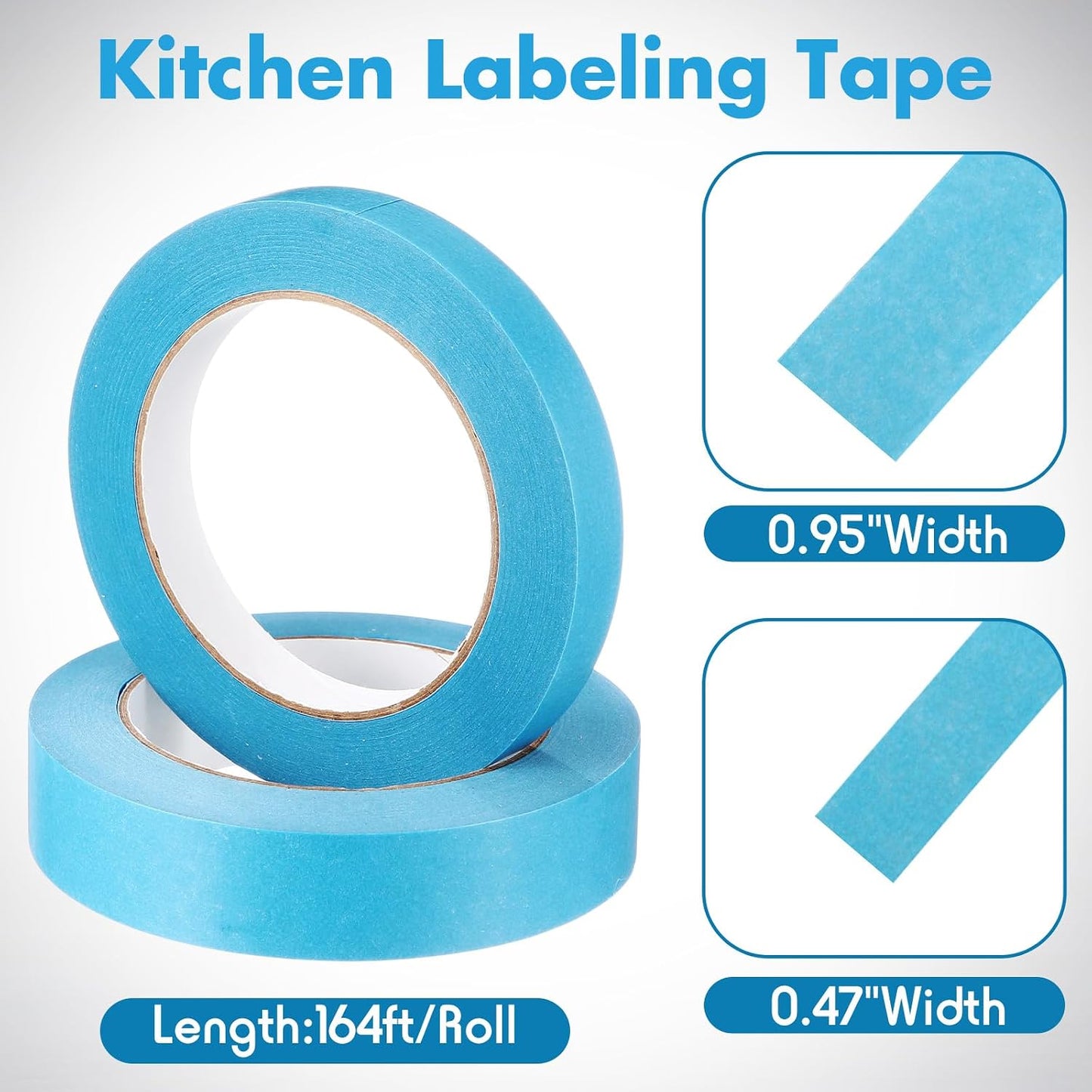 2 Kitchen Freezer Labeling Tapes with 1 Marker Pen, 0.47" x 54 yd Narrow Roll & 0.95" x 54 yd Wide Roll, Waterproof Low Temperature Freezer Marking Tape for Glass Bottle, Storage Container