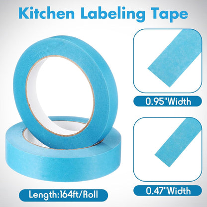 2 Kitchen Freezer Labeling Tapes with 1 Marker Pen, 0.47" x 54 yd Narrow Roll & 0.95" x 54 yd Wide Roll, Waterproof Low Temperature Freezer Marking Tape for Glass Bottle, Storage Container