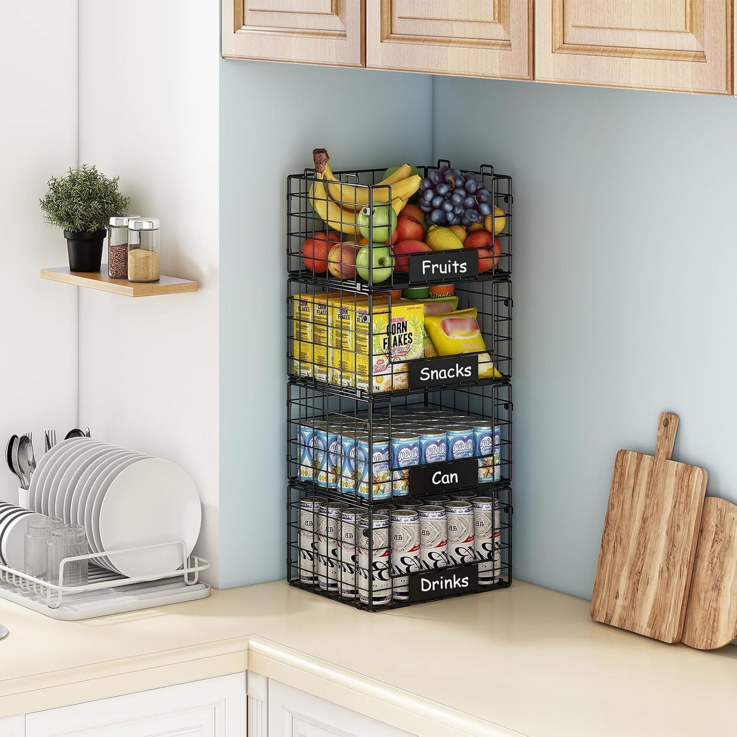 JKsmart 8-Tier Stackable Wire Basket, Can Organizer for Pantry Kitchen, XXL Metal Storage Shelves with Dividers & Handles, Easy Assembly Space Saving Storage Bins for Snacks Fruits Veggies