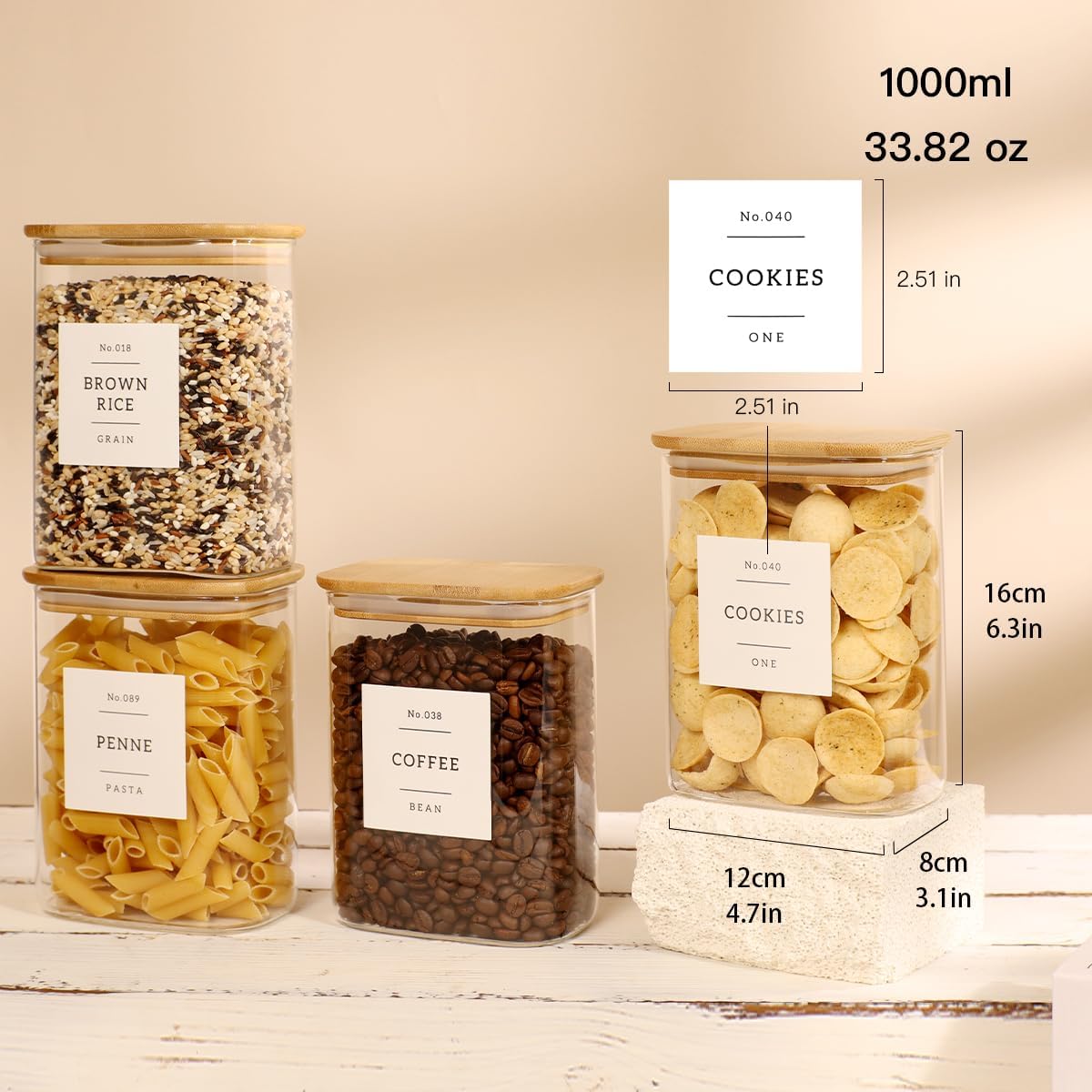 2 Pack large Square Glass Flour and Sugar Containers with 132 Kitchen Pantry Labels - 149 floz & 71 floz - Glass Jars with Airtight Bamboo Lid - Glass Rice Canisters for Coffee, Pasta, Cookie, Cereal