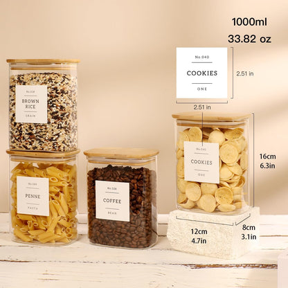 2 Pack large Square Glass Flour and Sugar Containers with 132 Kitchen Pantry Labels - 149 floz & 71 floz - Glass Jars with Airtight Bamboo Lid - Glass Rice Canisters for Coffee, Pasta, Cookie, Cereal