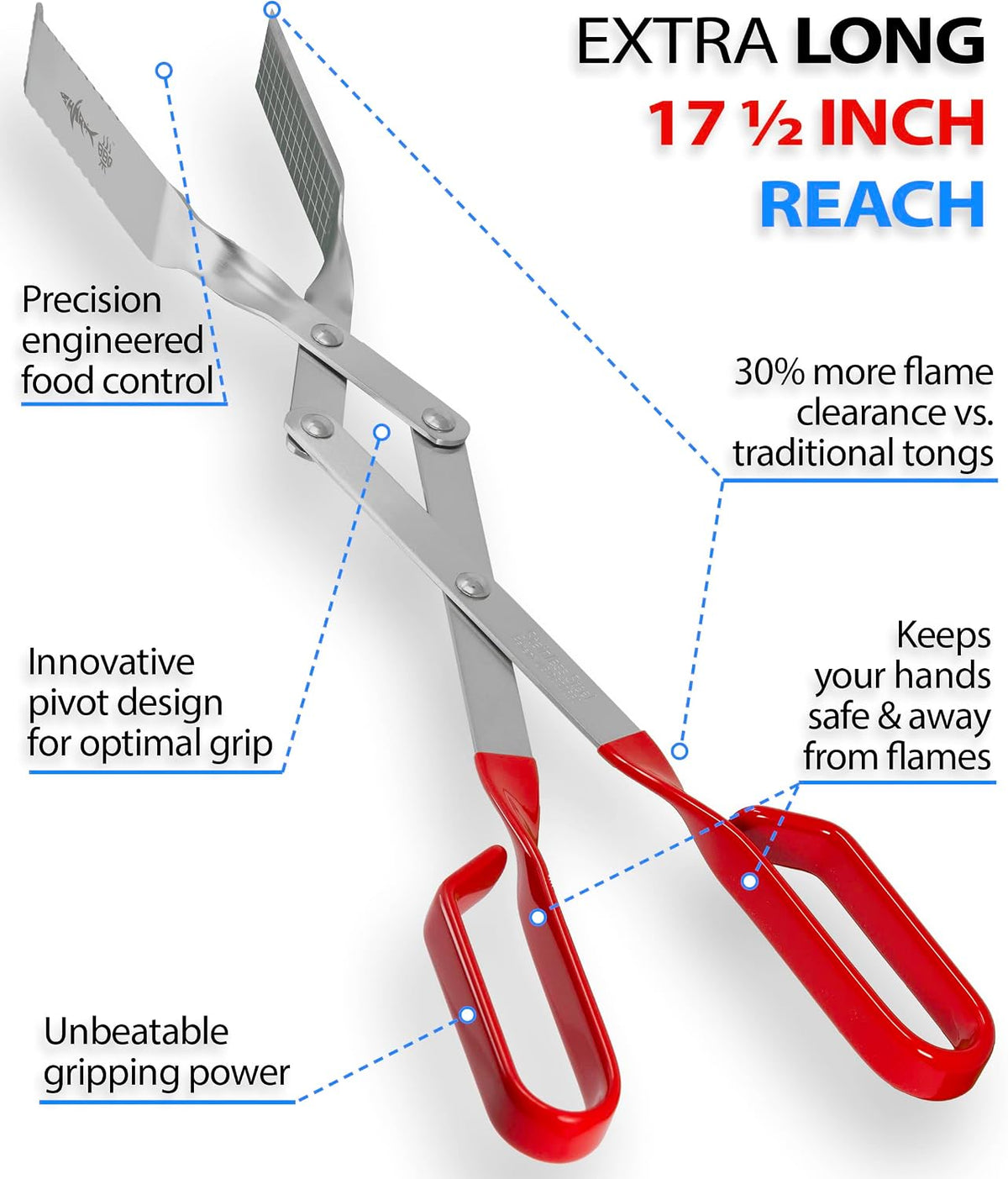 Steak Grill Tongs - 17 inch Red. Professional outdoor grilling utensil. Long reach Barbeque Grilling Tongs. Ideal for steak, fish, burger, and sausage