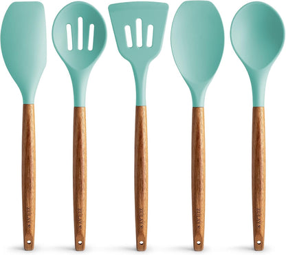 Zulay Kitchen Utensils Set Non-Stick Silicone Cooking Utensils Set with Authentic Acacia Wood Handles - 5 Piece Silicone Utensil Set - Kitchen Utensils Set with 464°F Heat Resistance - Gray