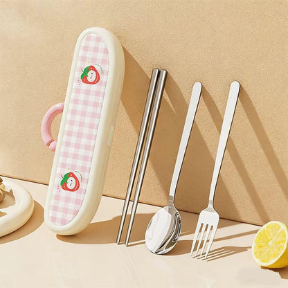 Cute Strawberry Bear 304 Stainless Steel Utensil Set with Travel Case – Portable Reusable Chopsticks, Spoon & Fork in Plaid Storage Box, for School Lunch, Camping, Travel(Pink)