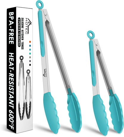 HOTEC Premium Stainless Steel Locking Kitchen Tongs with Silicon Tips, Set of 2-9" and 12"