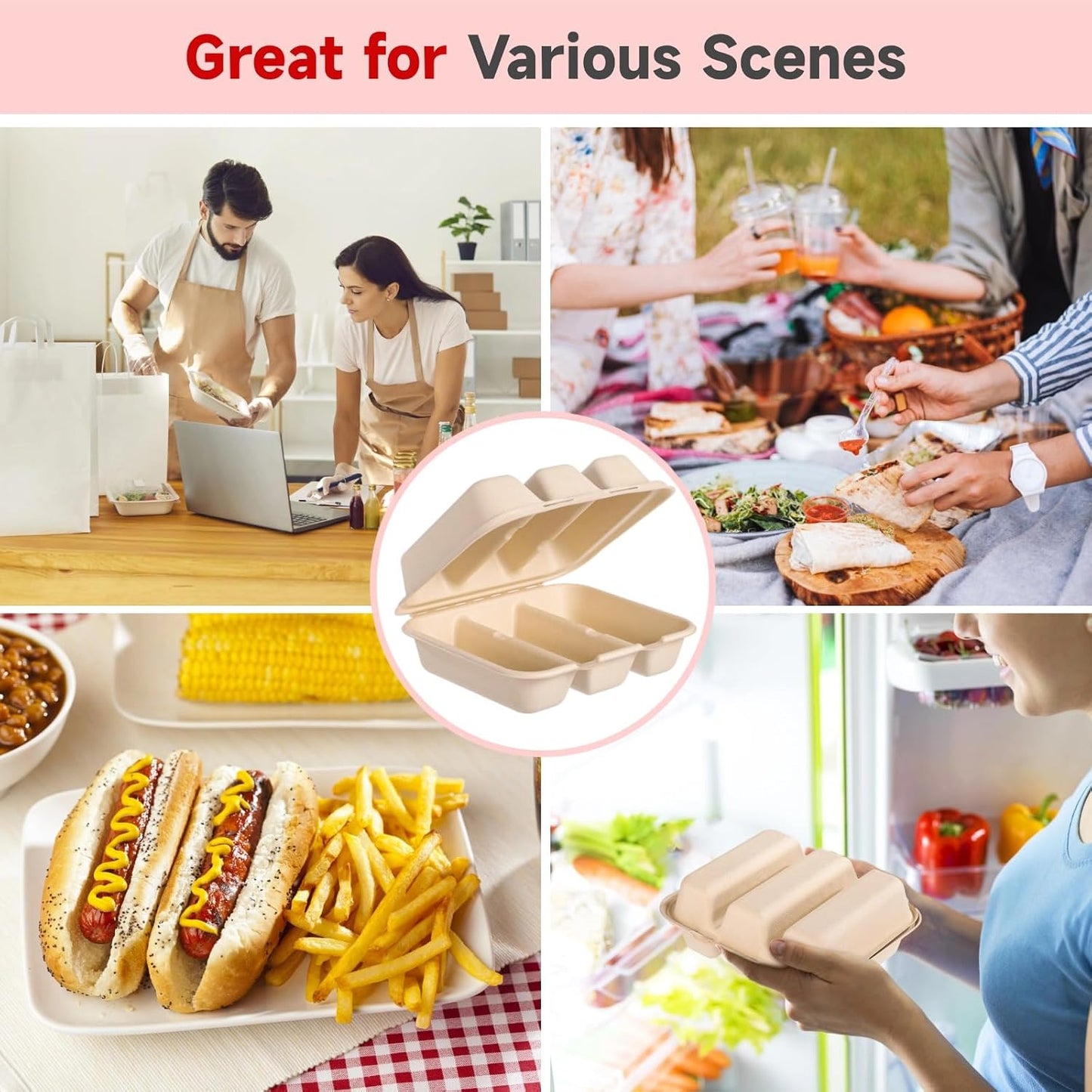 100 PCS Taco Plates Disposable with Lid 8.4 * 7.1 * 3in, 3-Slot Taco Holder, Bagasse Pulp Takeout Food Holders for Tacos, Hot Dogs, Sandwiches, Outdoor Lunch and Party Serving (100Pcs)