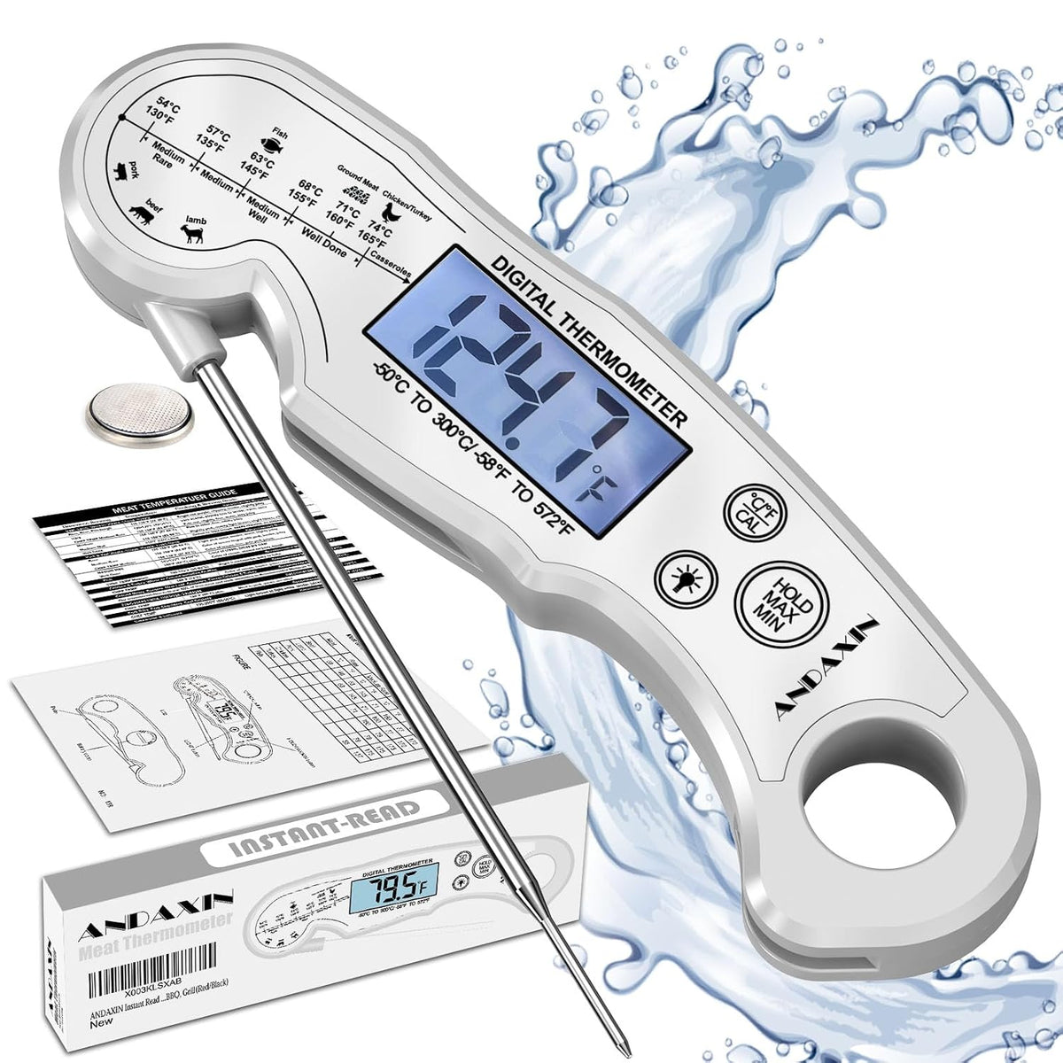 Meat Thermometer Digital for Grilling and Cooking - ANDAXIN Waterproof Ultra-Fast Instant Read Food thermometers with Backlight & Calibration for Kitchen, Deep Fry, BBQ, Grill(Red/Black), LCD