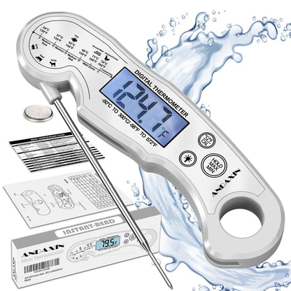 Meat Thermometer Digital for Grilling and Cooking - ANDAXIN Waterproof Ultra-Fast Instant Read Food thermometers with Backlight & Calibration for Kitchen, Deep Fry, BBQ, Grill(Red/Black), LCD