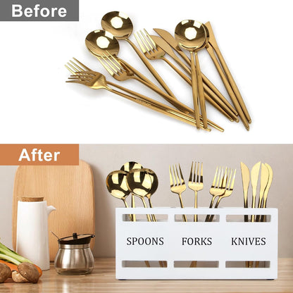 Wooden Silverware Cutlery Holder White Flatware Caddy Small Kitchen Utensil Holders for Party Wood Silverware Organizer Storage for Table Countertop Spoon and Fork Holder Utensils Caddy Basket