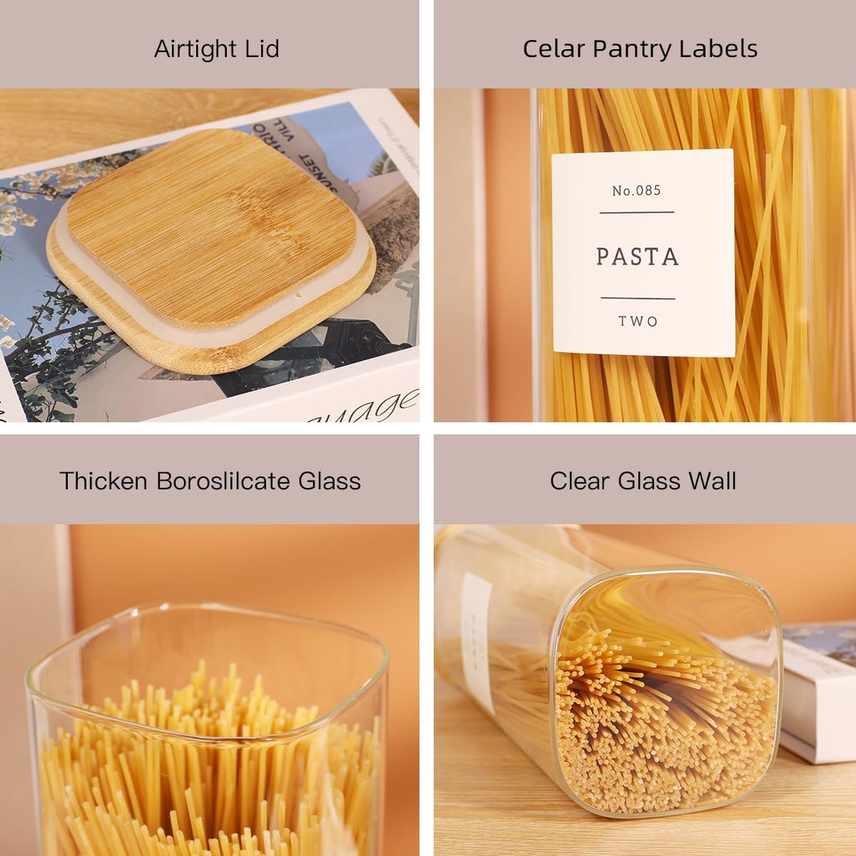 2 Pack large Square Glass Flour and Sugar Containers with 132 Kitchen Pantry Labels - 149 floz & 71 floz - Glass Jars with Airtight Bamboo Lid - Glass Rice Canisters for Coffee, Pasta, Cookie, Cereal