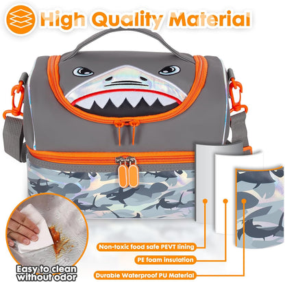 Kids Double Decker Cooler Insulated Lunch Bag, Back to School Large Meal Tote for Boys, Girls, Men, Women, with Adjustable Strap, Soccer