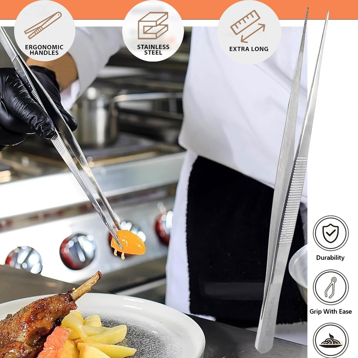 6 Inch Professional Culinary Stainless Steel Precision Tongs with Serrated Tips, Plating/Food Presentation Detailing Serving Tongs, Chef's Kitchen Tweezer Tongs - Ultra Non-Slip Grip