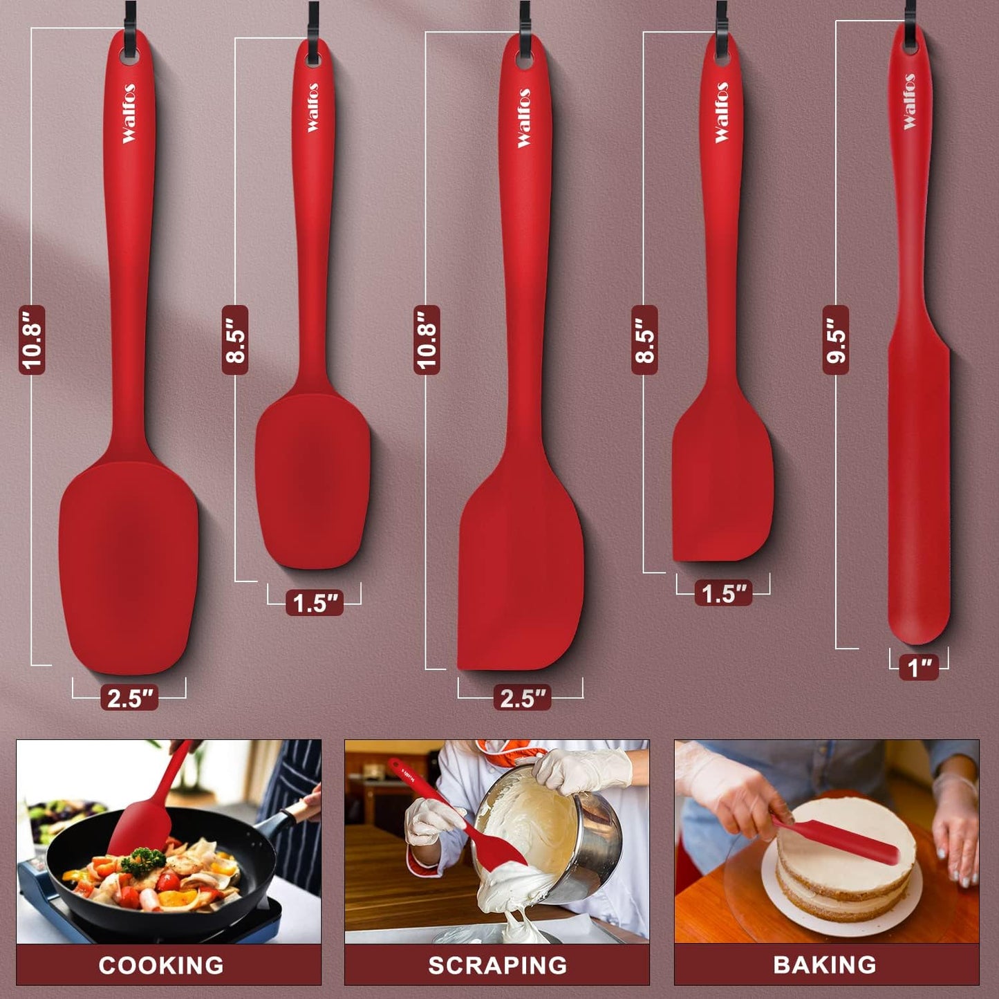 Walfos 600°F High Heat Resistant Silicone Spatula Set of 5- Food Grade Rubber Spatula Set for Baking Cooking & Mixing - BPA Free, Non Stick and Dishwasher Safe,black