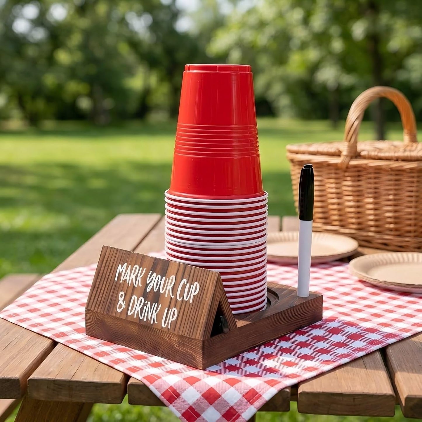 Wooden Brown Party Cup Holder with Marker Slot | Mark Your Cup and Drink Up Cup Holder |Hosting Party Essentials |Disposable Mug Dispenser for Birthday, BBQ, Holiday Events,Housewarming Gift (Brown)