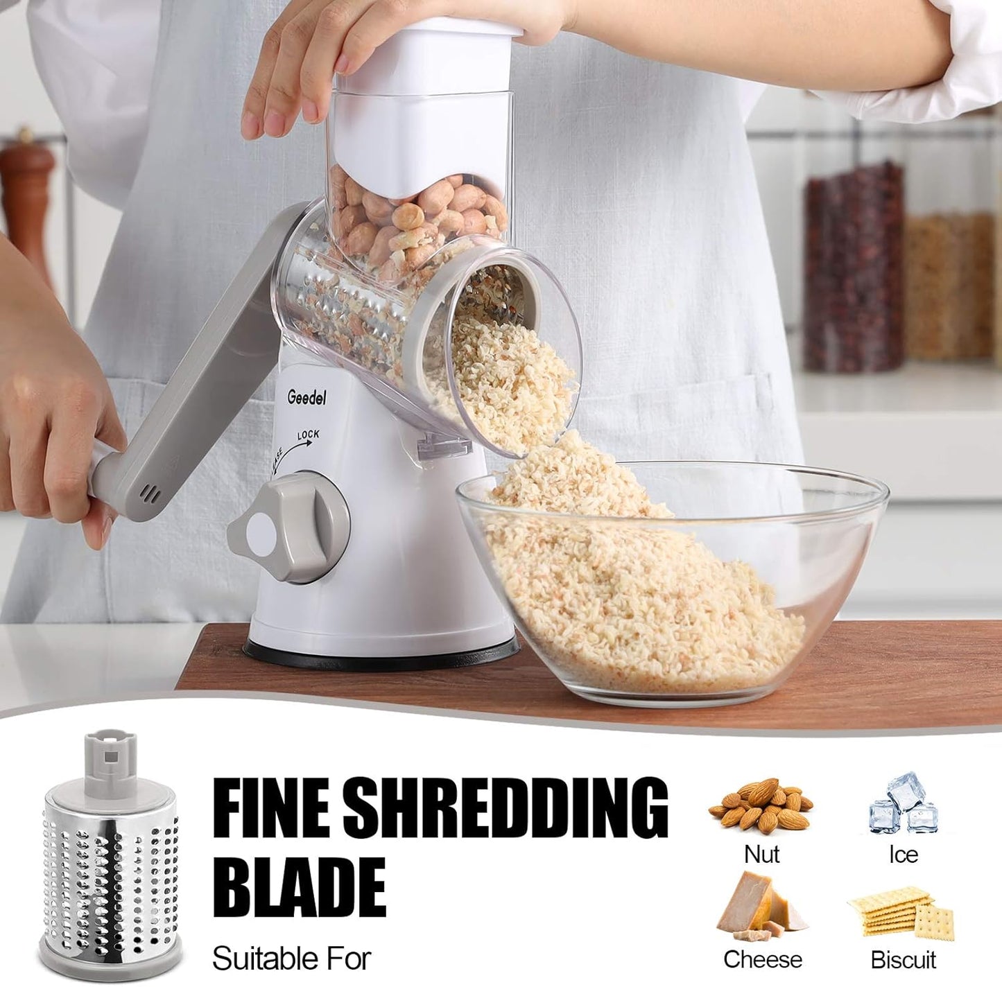 Geedel Rotary Cheese Grater, Kitchen Mandoline Vegetable Slicer with 3 Interchangeable Blades, Easy to Clean Rotary Grater Slicer for Cheese, Vegetables, Nuts