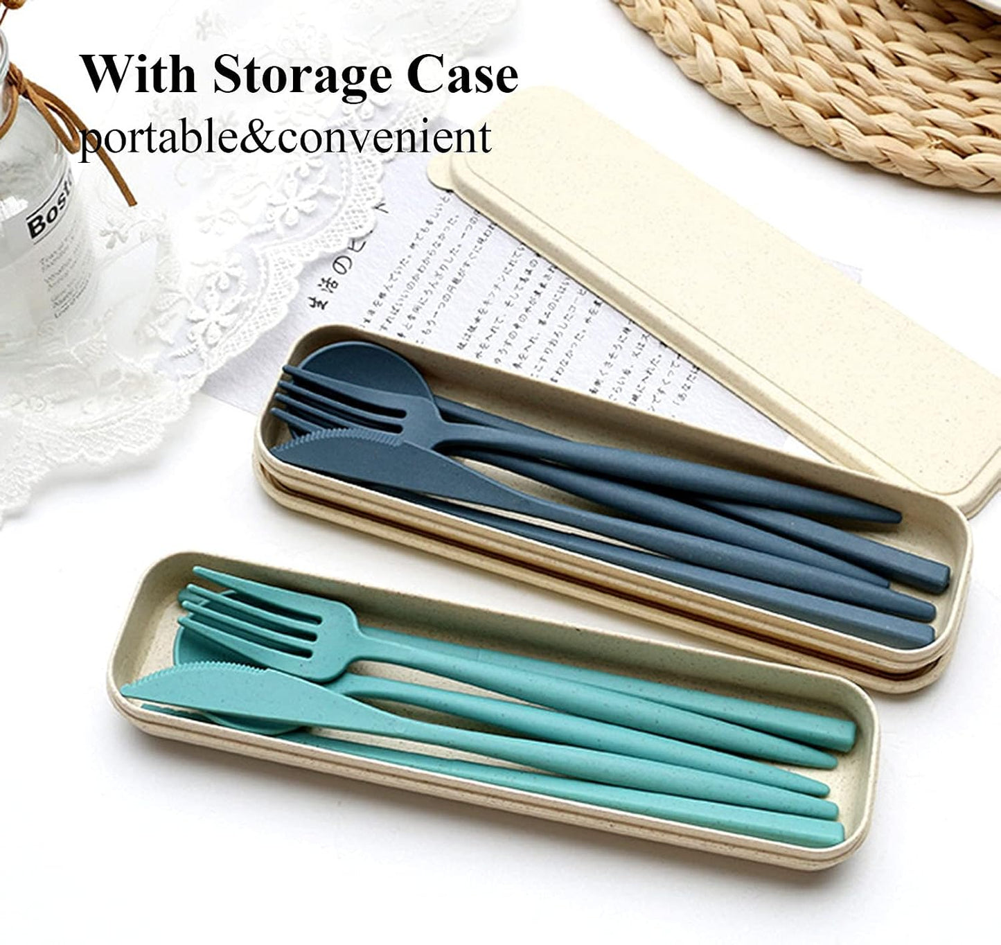 HAGBOU Plastic Travel Utensils, 4 Sets Spoons and Forks Set Silverware, Portable Reusable Utensils with Case for Lunch Box, Picnic, Travel, Camping
