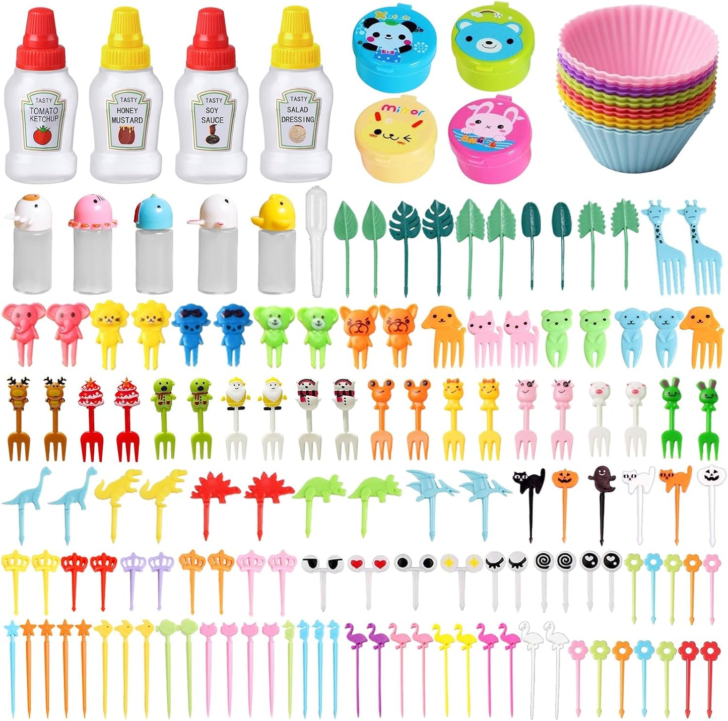 152 Pcs Bento Box Accessories Kids Mini Sauce Bottles Including Food Picks Mini Condiment Ketchup Squeeze Bottles Reusable Animal Fruit Food Toothpicks for Camping Office Accessories