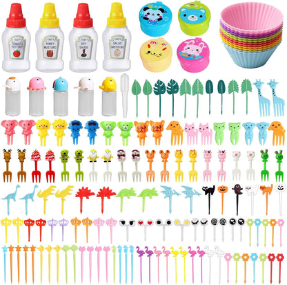 152 Pcs Bento Box Accessories Kids Mini Sauce Bottles Including Food Picks Mini Condiment Ketchup Squeeze Bottles Reusable Animal Fruit Food Toothpicks for Camping Office Accessories