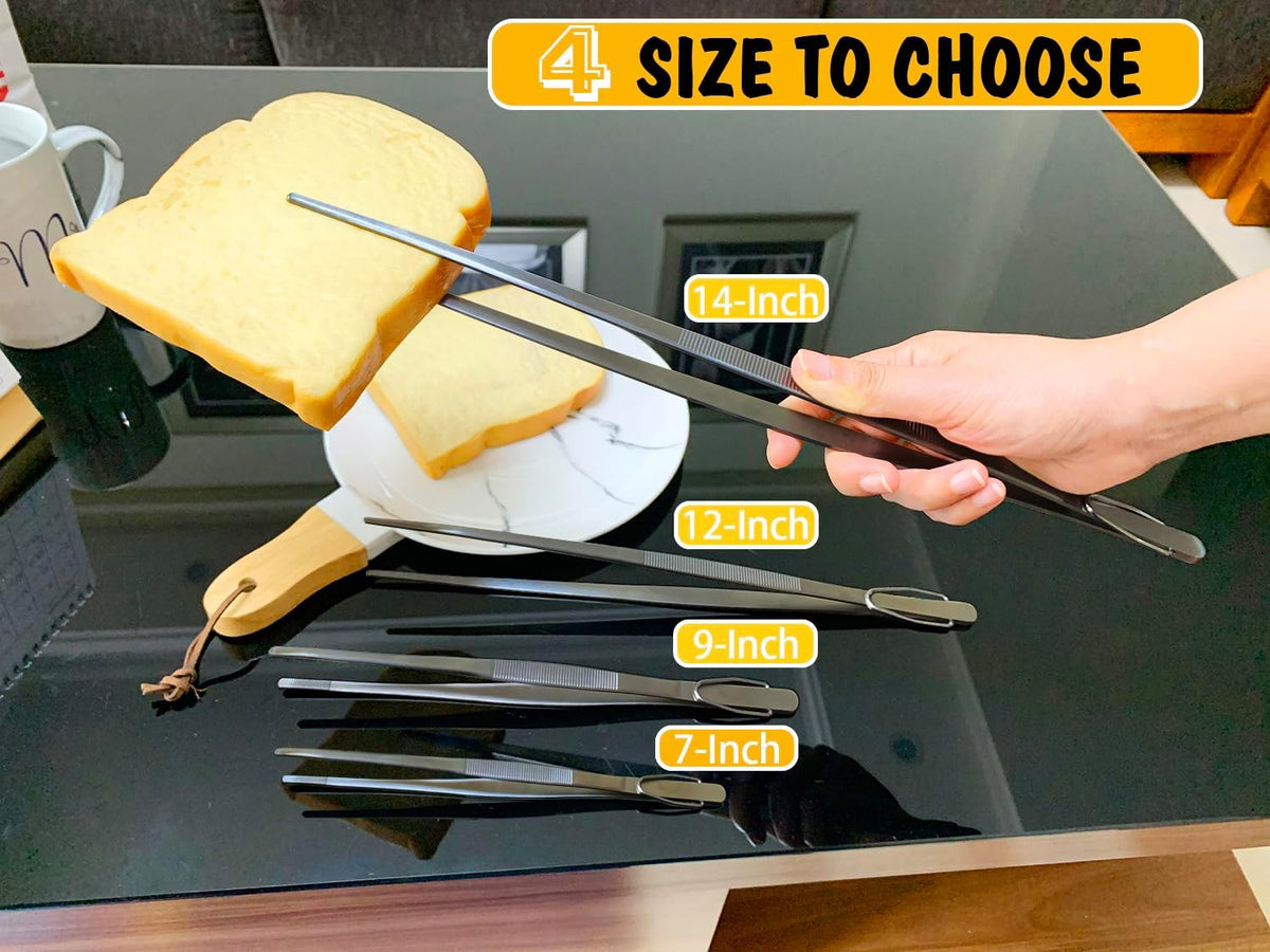 JETKONG 3 Pcs Extra Long Kitchen Tweezers 9 12 14 Inch Heavy Duty Stainless Steel Cooking Tweezers (Round Tips, Silver)