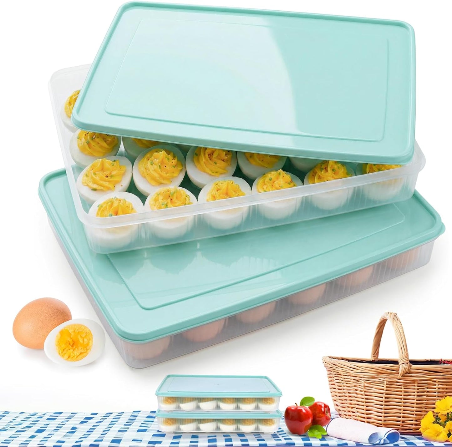 HAKSEN Deviled Egg Containers with Lid, (Set of 2), Deviled Egg Holder Tray Carrier for Refrigerator with 48 Holes, Fridge Stackable Kitchen Portable Countertop Storage