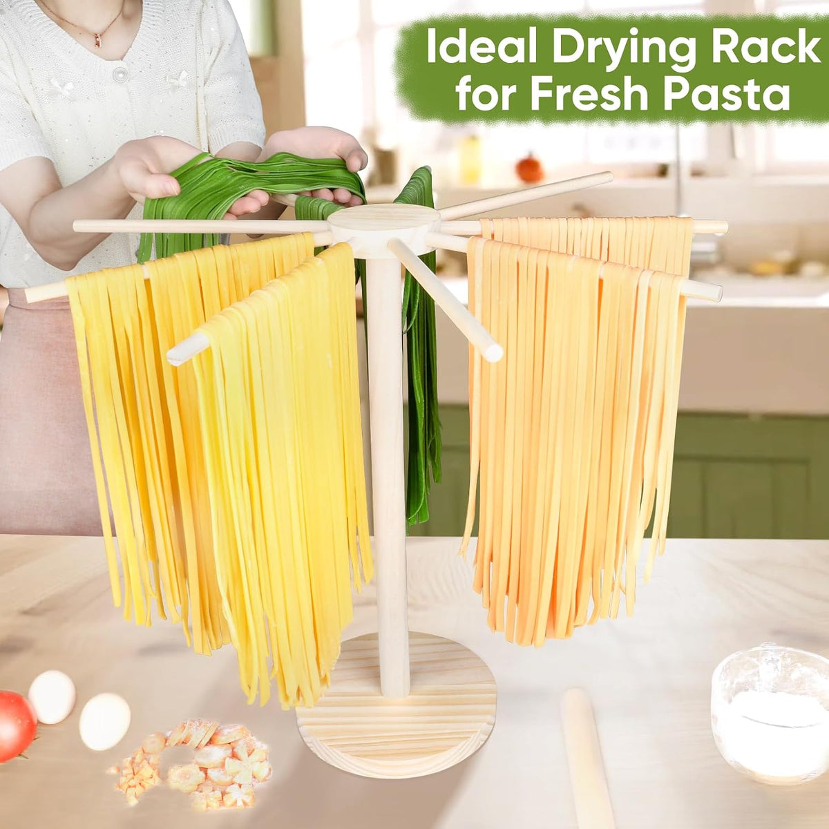 Pasta Drying Rack - 9 Sticks Wooden Pasta Dryer Stand Large