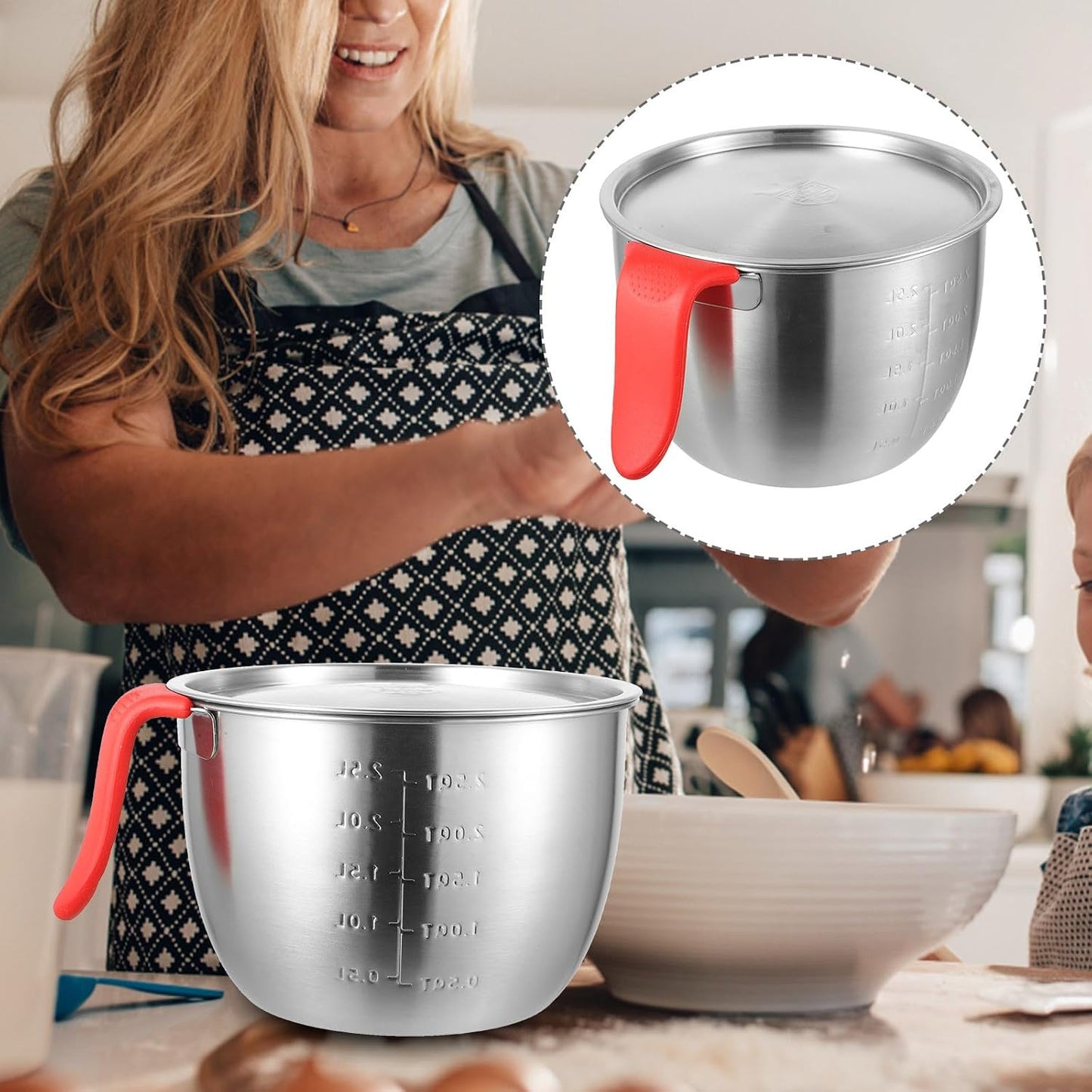 Stainless Steel Mixing Bowl with Lid, 19cm Deep Batter and Salad Bowl, 304 Food-grade Steel with Handle, Anti-splash Design for Kitchen Baking and Cooking Use