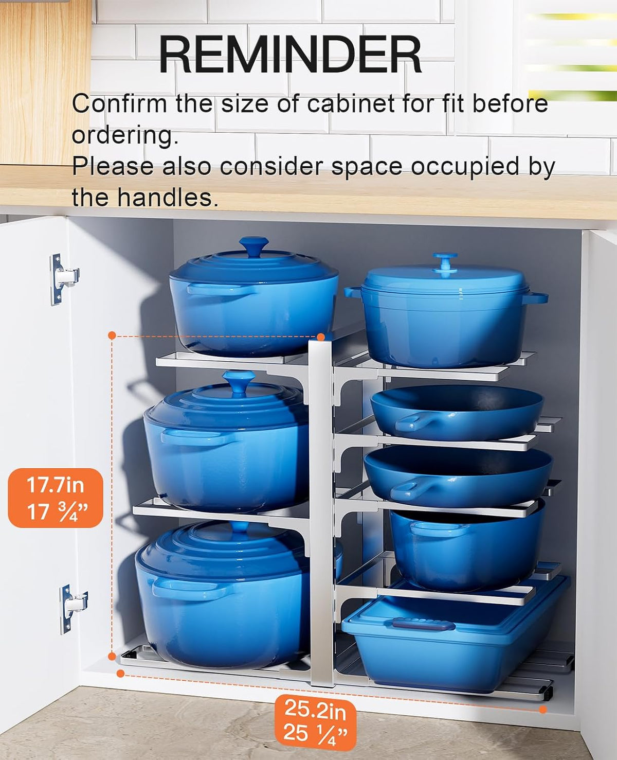 ORDORA Pots and Pans Organizer Under Cabinet 16.6", 8-Tier Adjustable Rack