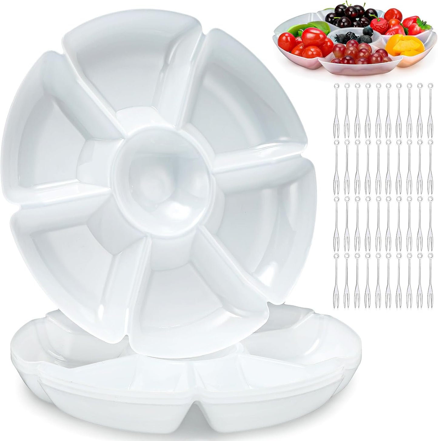 Zhehao 4 Pcs Sectional Heavyweight Plastic Divided Plates Serving Trays with 40 Disposable Forks 10.6" 7 Section Round Chip Dip Plate Snack Food Platter for Nut Candy Veggie Fruit (Blue)
