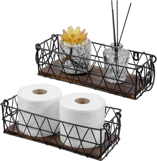 MyGift Set of 2 Black Wire Baskets for Organizing – Storage Baskets/Pantry Baskets for Shelves & Wall