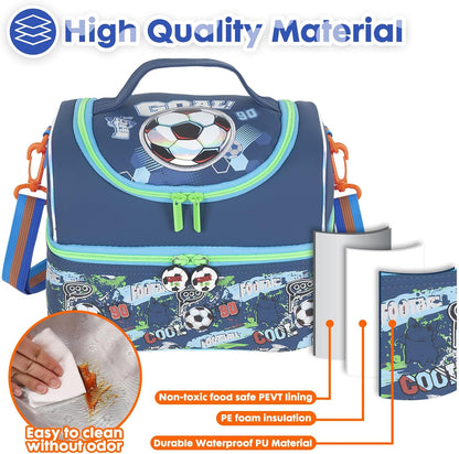 Kids Double Decker Cooler Insulated Lunch Bag, Back to School Large Meal Tote for Boys, Girls, Men, Women, with Adjustable Strap, Soccer