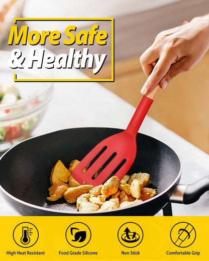 Pack of 2 Silicone Cooking Spatula, Heat Resistant Solid Turner, Non Stick Slotted Spatulas with Wooden Short Handle,Ideal Wood Kitchen Utensils Set for Frying, Baking, Flipping, Turning
